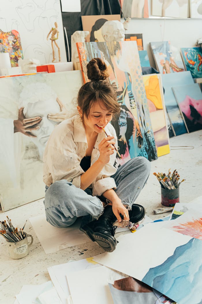 A young artist joyfully paints in a colorful and creative studio space filled with artworks.